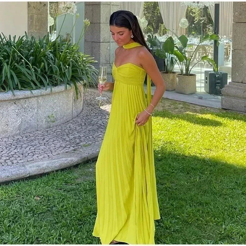 Vestido maxi mujer amarillo con cuello atado