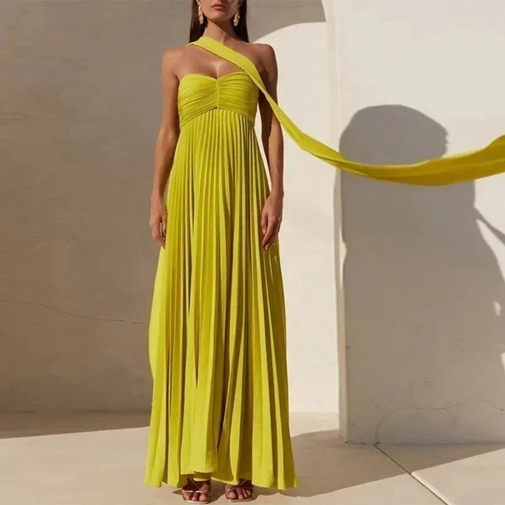 Vestido maxi mujer amarillo con cuello atado