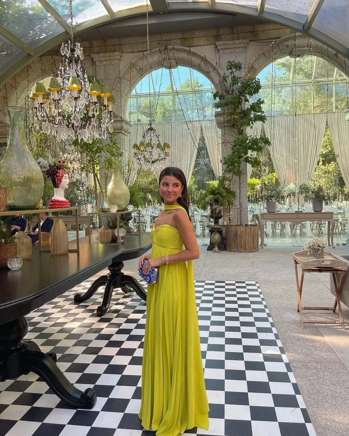 Vestido Maxi plisado amarillo para mujer