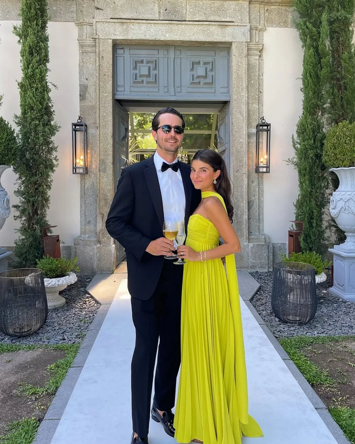 Vestido Maxi plisado amarillo para mujer