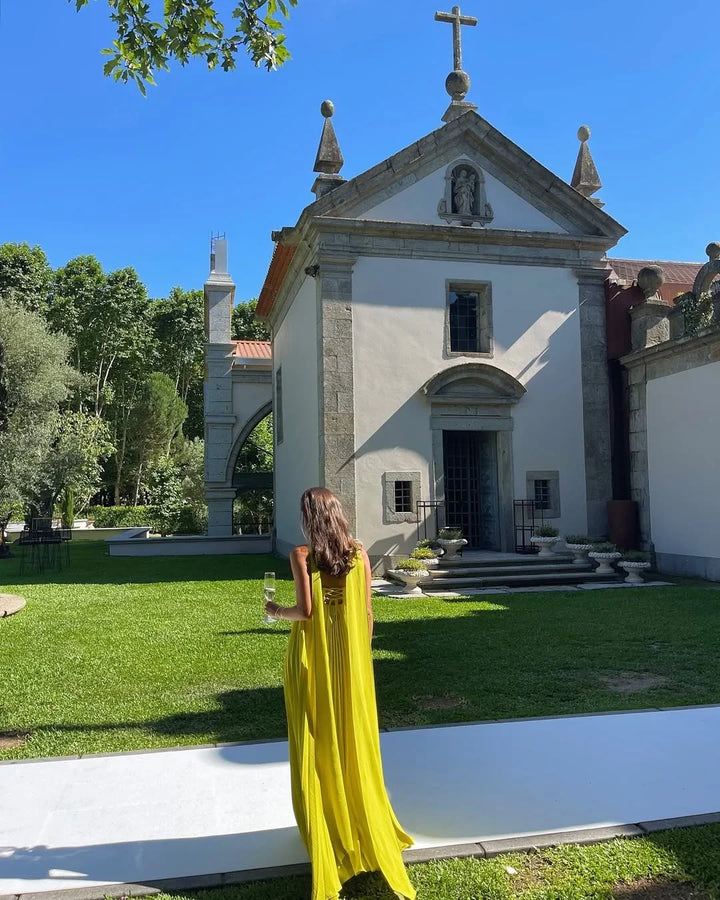 Vestido Maxi plisado amarillo para mujer