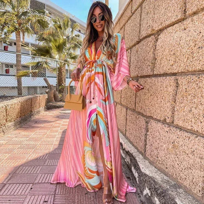 Vestido largo de mujer con estampado, cinturón y mangas largas