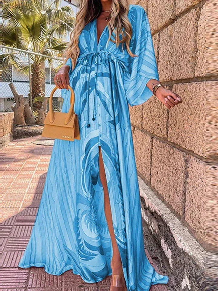 Vestido largo de mujer con estampado, cinturón y mangas largas