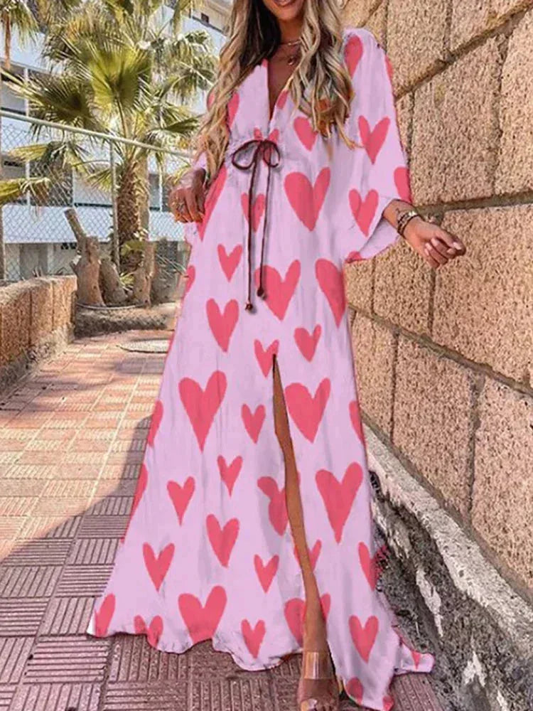 Vestido largo de mujer con estampado, cinturón y mangas largas