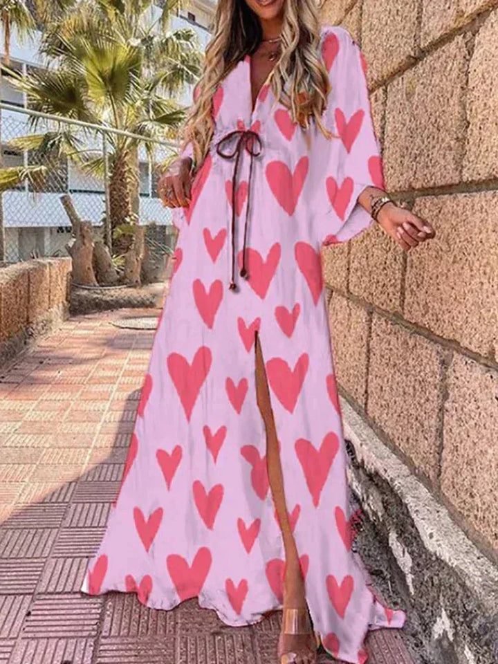 Vestido largo de mujer con estampado, cinturón y mangas largas