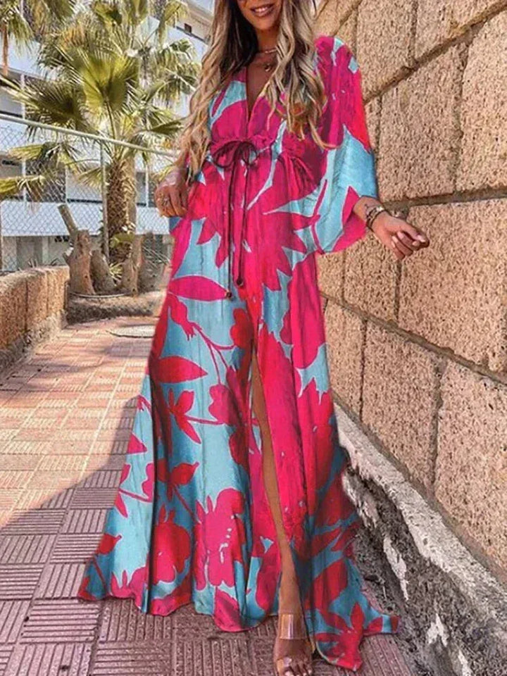 Vestido largo de mujer con estampado, cinturón y mangas largas