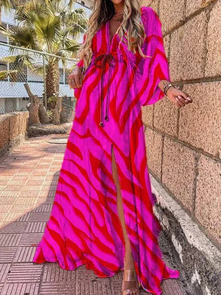 Vestido largo de mujer con estampado, cinturón y mangas largas