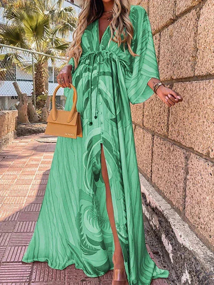 Vestido largo de mujer con estampado, cinturón y mangas largas