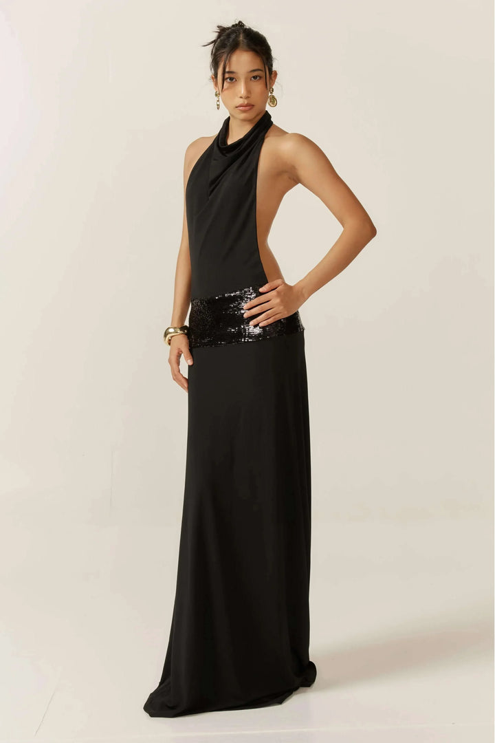 Vestido Maxi de lentejuelas negro sin espalda para mujeres