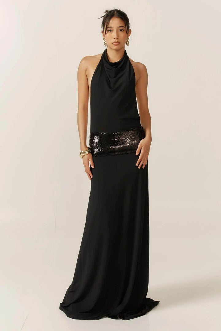 Vestido Maxi de lentejuelas negro sin espalda para mujeres