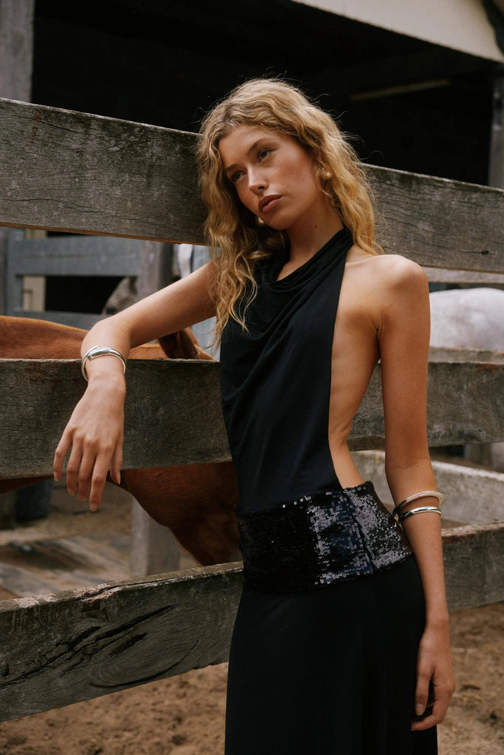 Vestido Maxi de lentejuelas negro sin espalda para mujeres