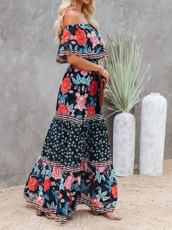 Vestido maxi de hombros descubiertos para mujeres con patrones florales