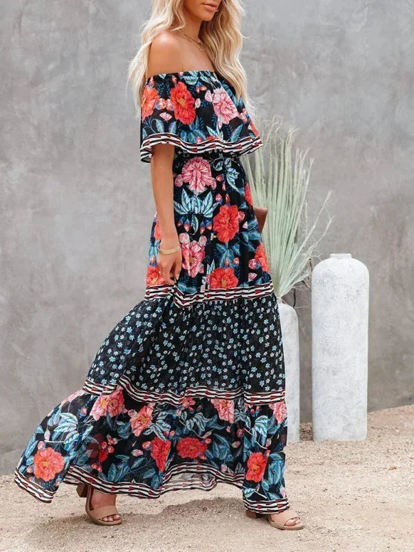 Vestido maxi de hombros descubiertos para mujeres con patrones florales