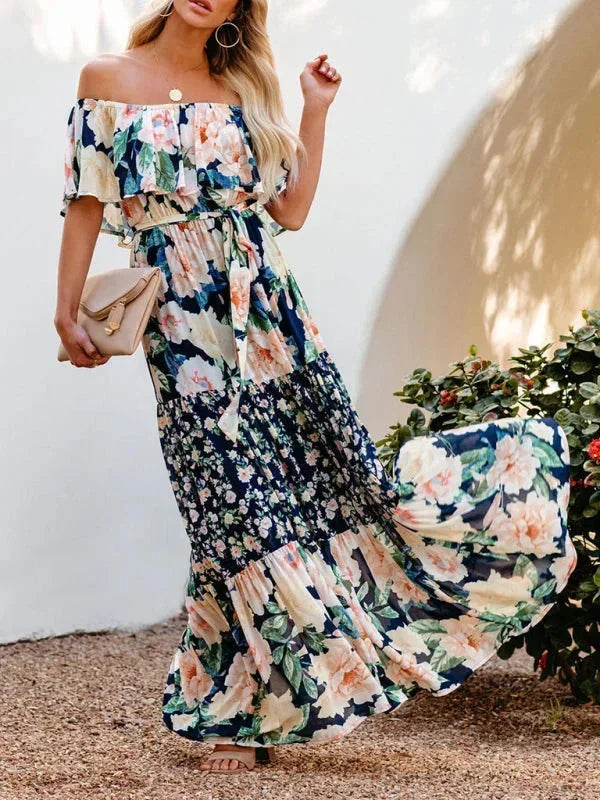 Vestido maxi de hombros descubiertos para mujeres con patrones florales