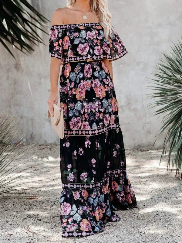 Vestido maxi de hombros descubiertos para mujeres con patrones florales