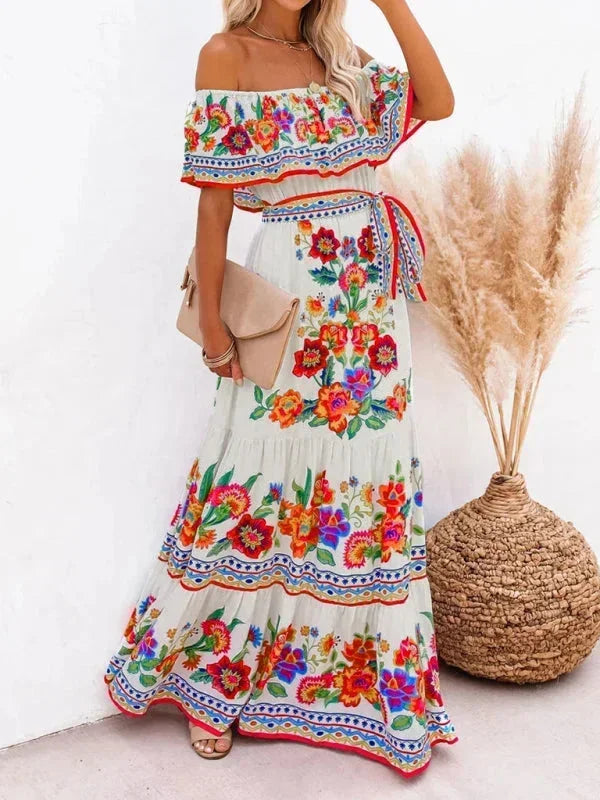 Vestido maxi de hombros descubiertos para mujeres con patrones florales