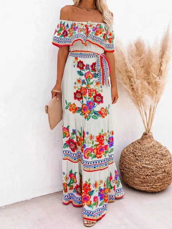 Vestido maxi de hombros descubiertos para mujeres con patrones florales