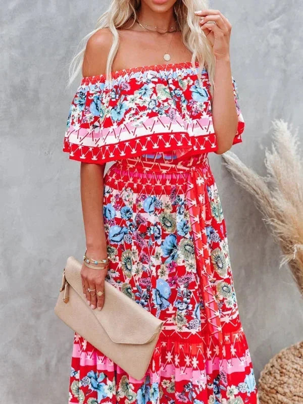 Vestido maxi de hombros descubiertos para mujeres con patrones florales