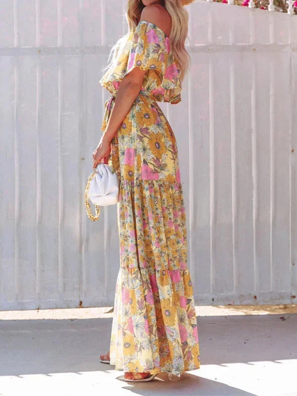 Vestido maxi de hombros descubiertos para mujeres con patrones florales