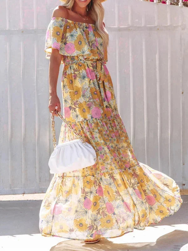 Vestido maxi de hombros descubiertos para mujeres con patrones florales
