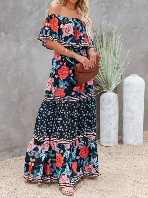 Vestido maxi de hombros descubiertos para mujeres con patrones florales
