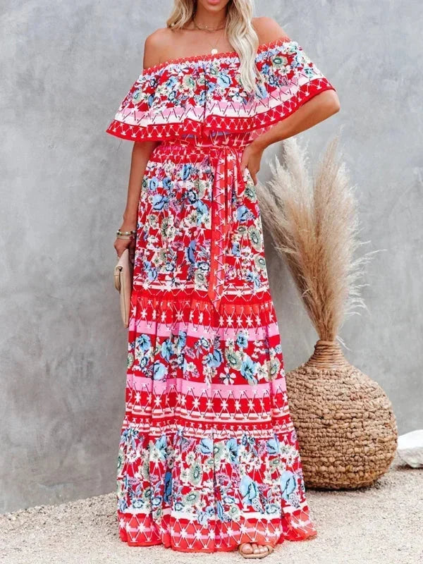 Vestido maxi de hombros descubiertos para mujeres con patrones florales