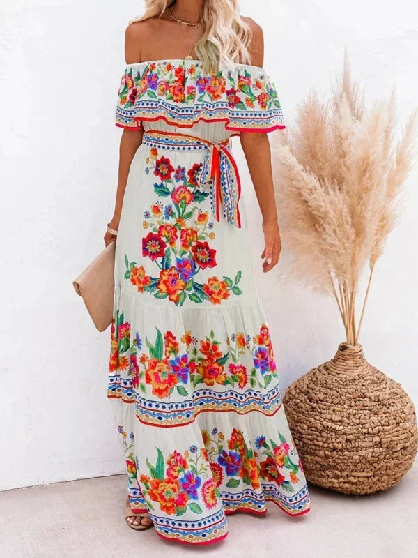 Vestido maxi de hombros descubiertos para mujeres con patrones florales