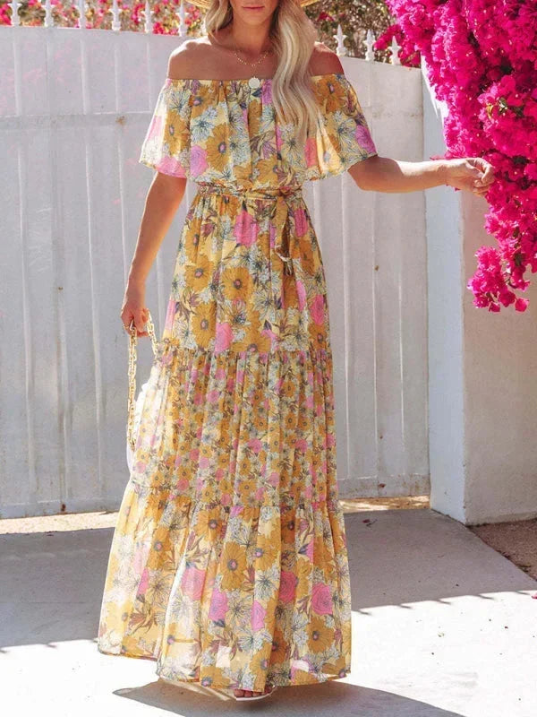 Vestido maxi de hombros descubiertos para mujeres con patrones florales