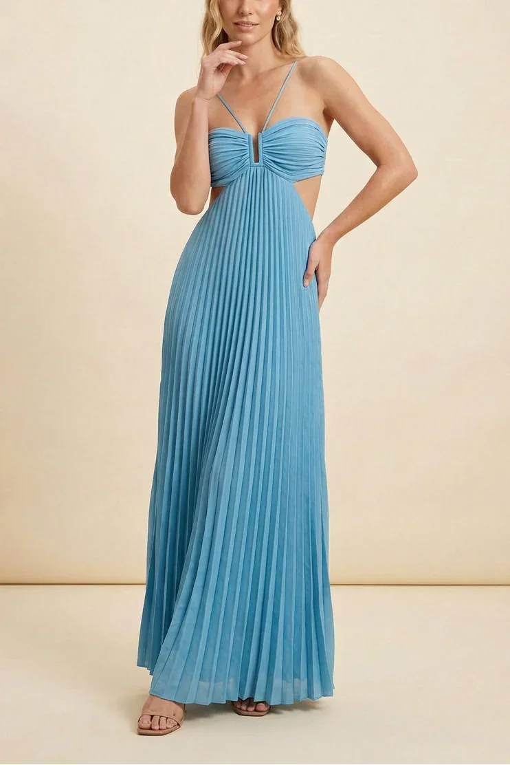Vestido maxi plisado sin espalda para mujeres