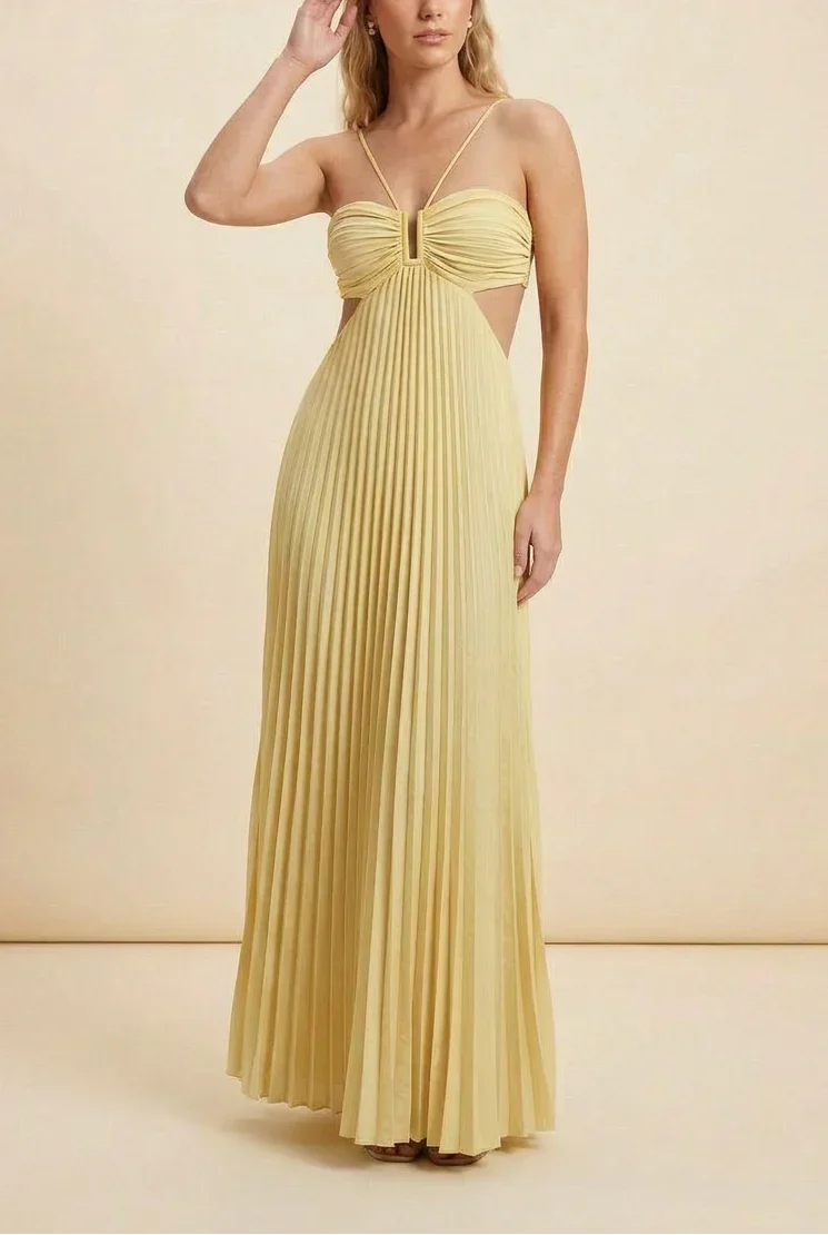 Vestido maxi plisado sin espalda para mujeres