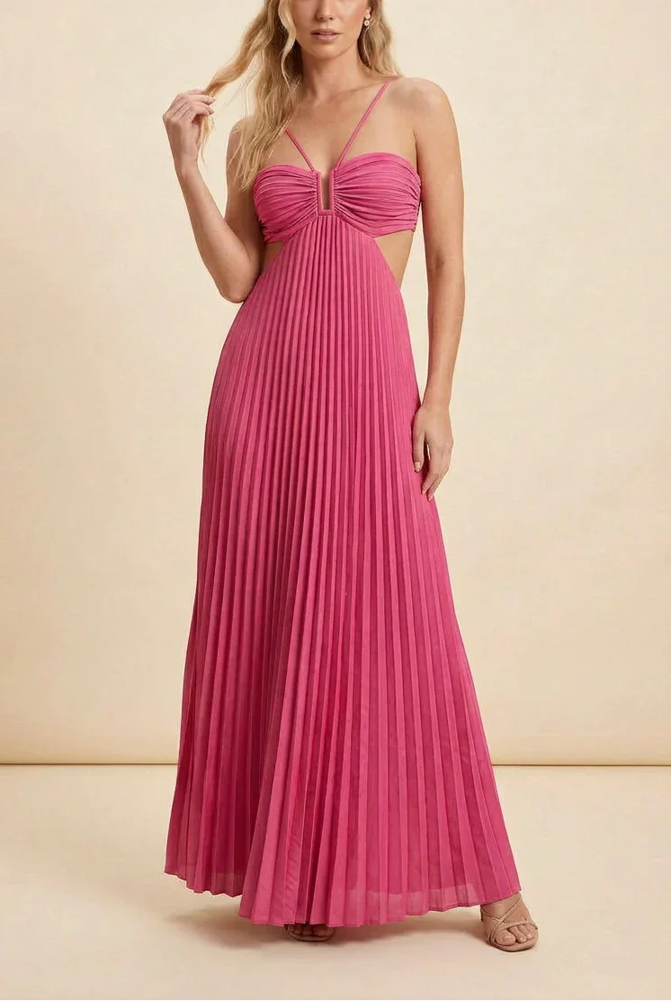 Vestido maxi plisado sin espalda para mujeres