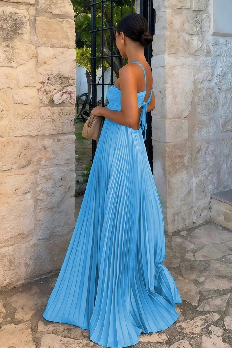 Vestido maxi plisado sin espalda para mujeres
