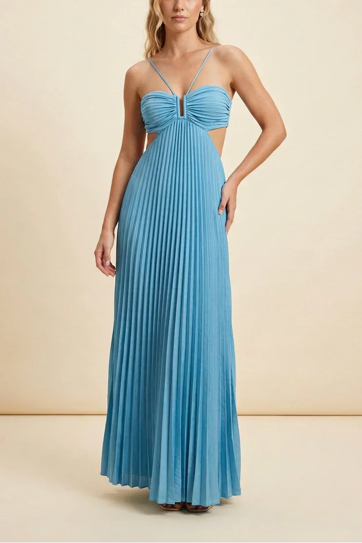 Vestido maxi plisado sin espalda para mujeres