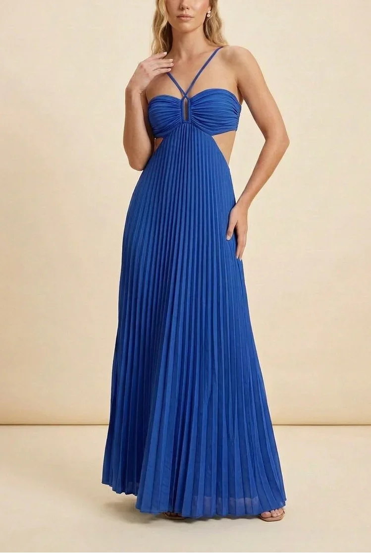 Vestido maxi plisado sin espalda para mujeres