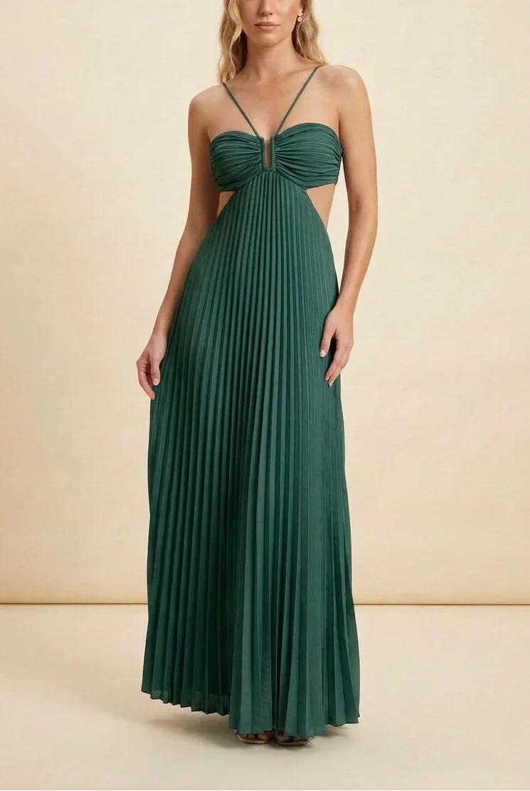Vestido maxi plisado sin espalda para mujeres