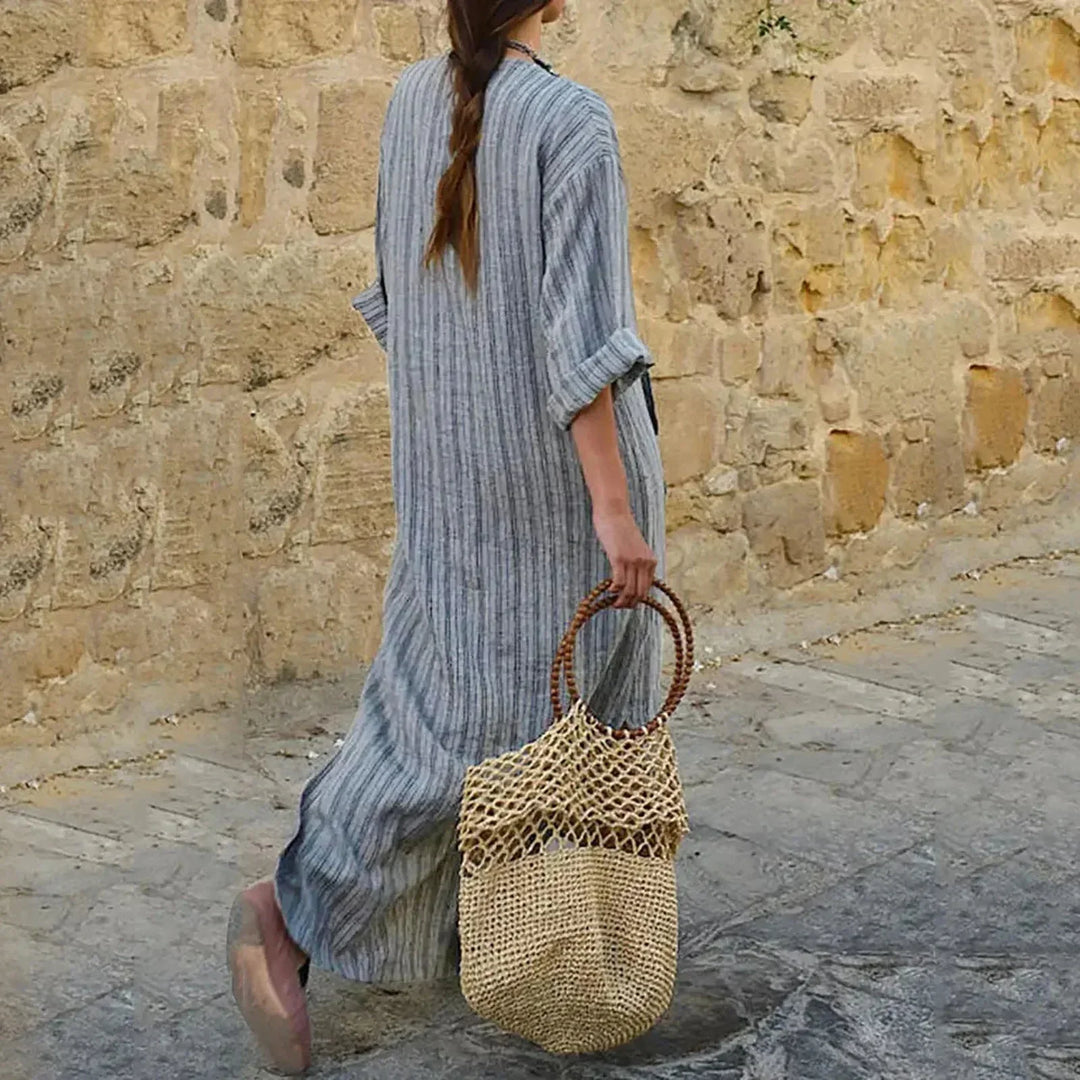 Vestido maxi a rayas para mujer con escote en V y bolsillos