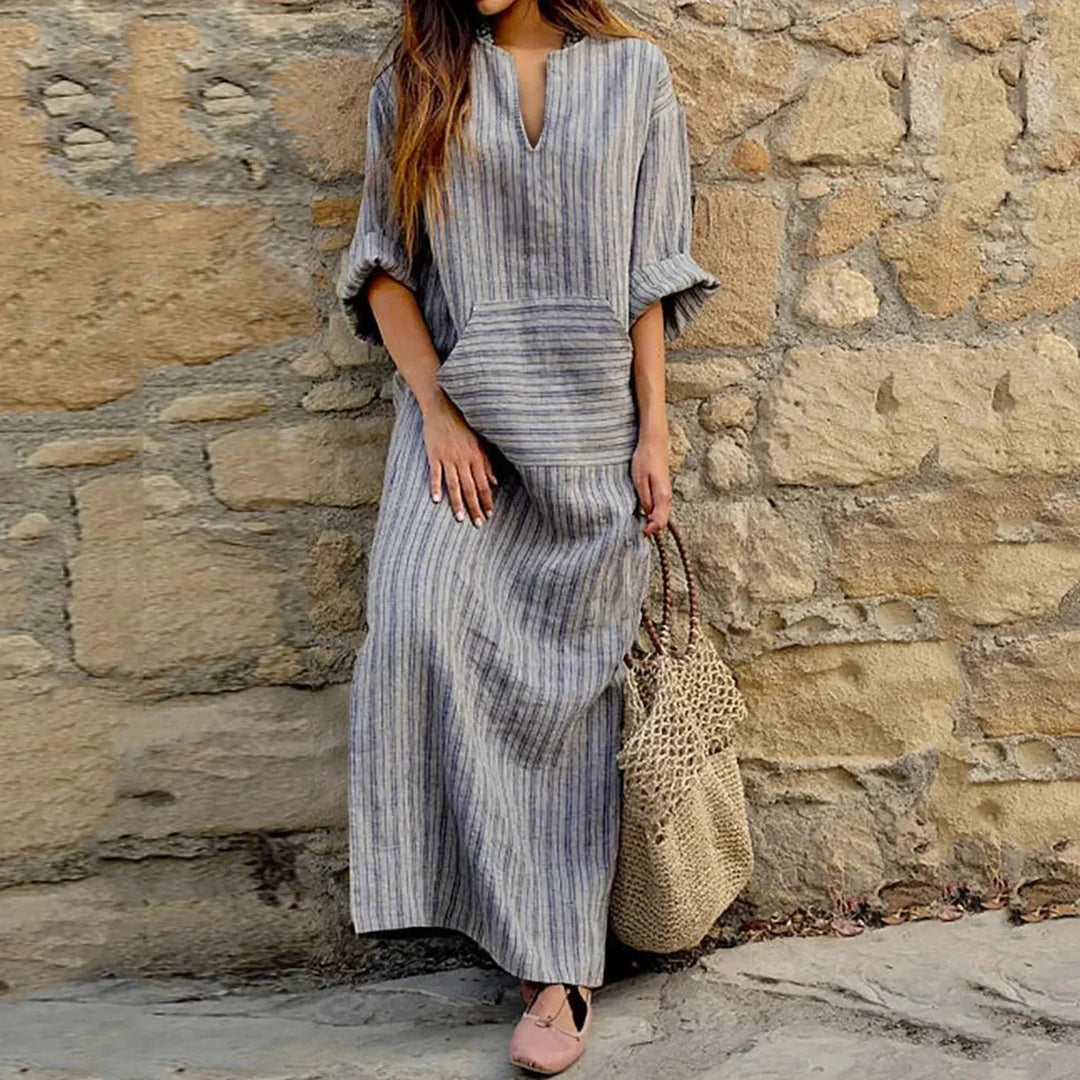 Vestido maxi a rayas para mujer con escote en V y bolsillos