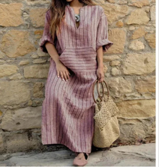 Vestido maxi a rayas para mujer con escote en V y bolsillos