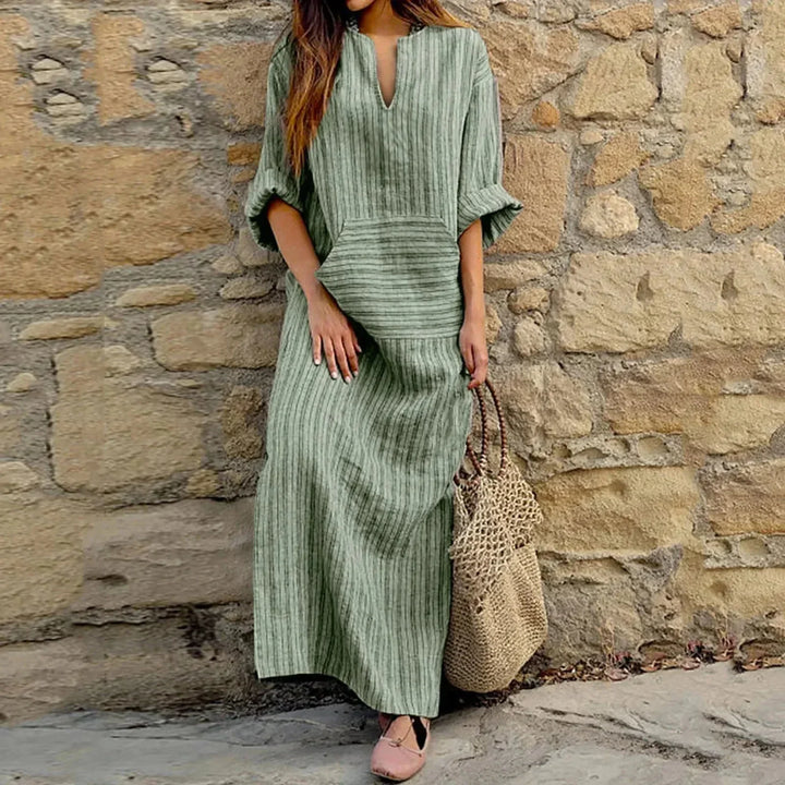 Vestido maxi a rayas para mujer con escote en V y bolsillos