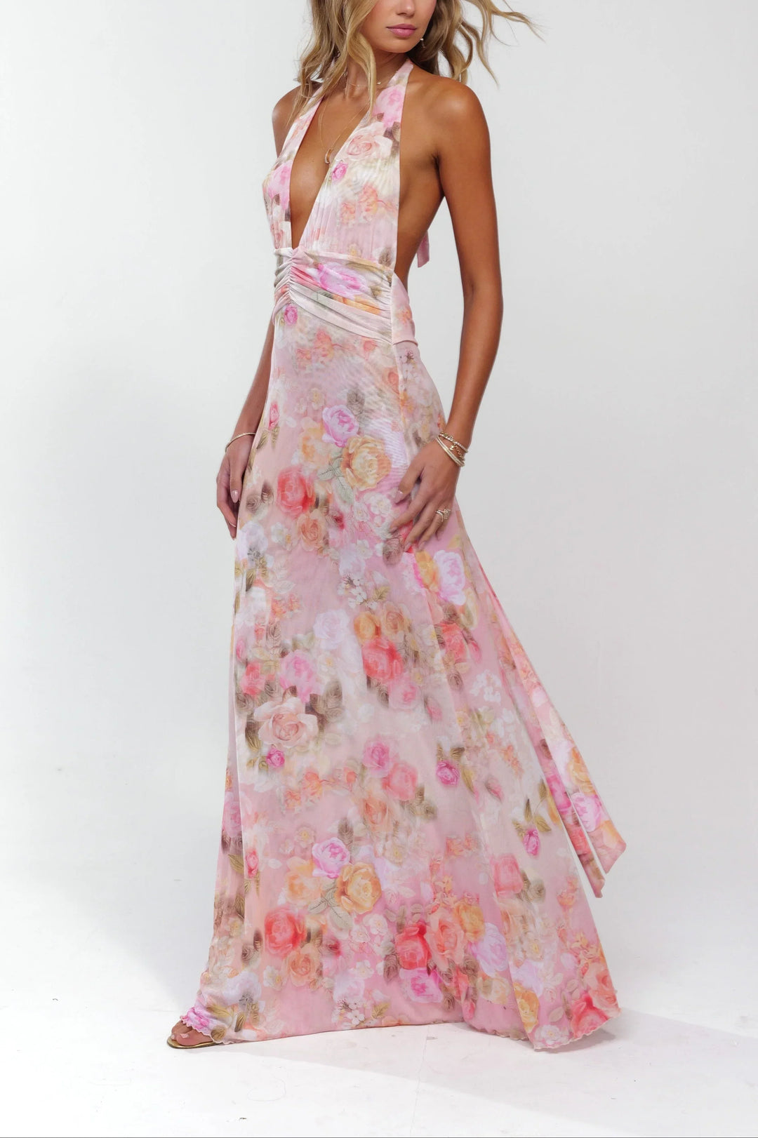 Vestido maxi sin espalda floral rosa para mujer