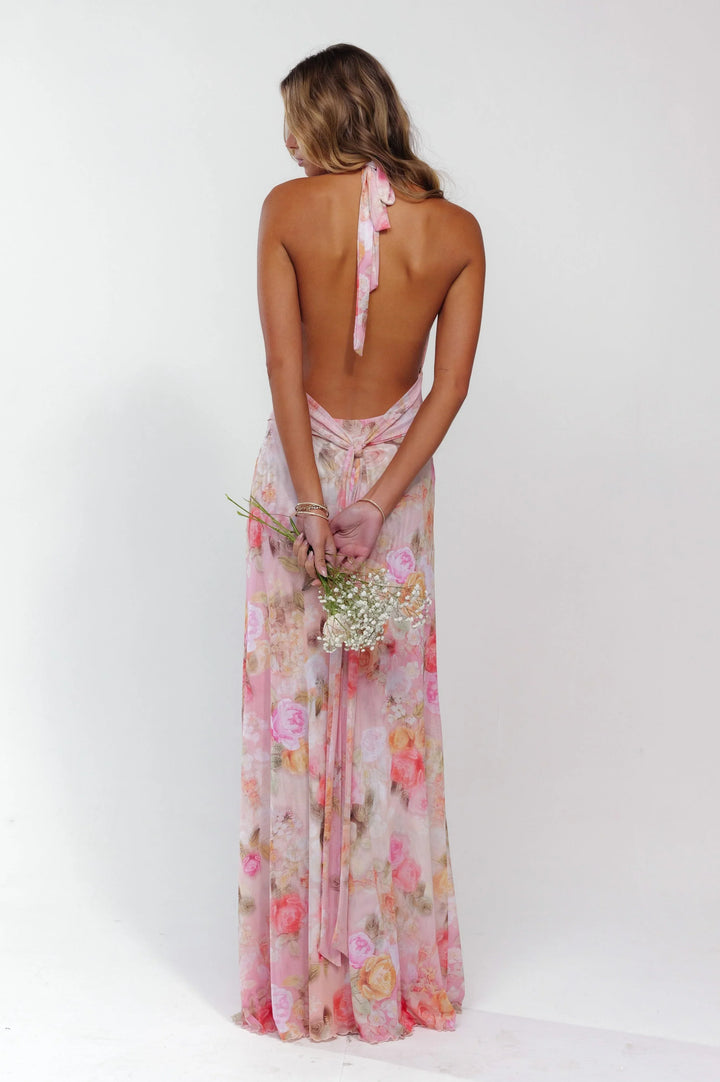 Vestido maxi sin espalda floral rosa para mujer