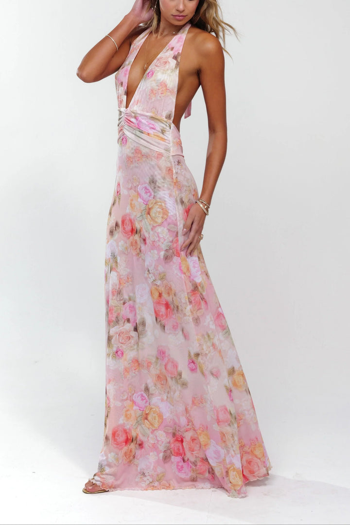 Vestido maxi sin espalda floral rosa para mujer