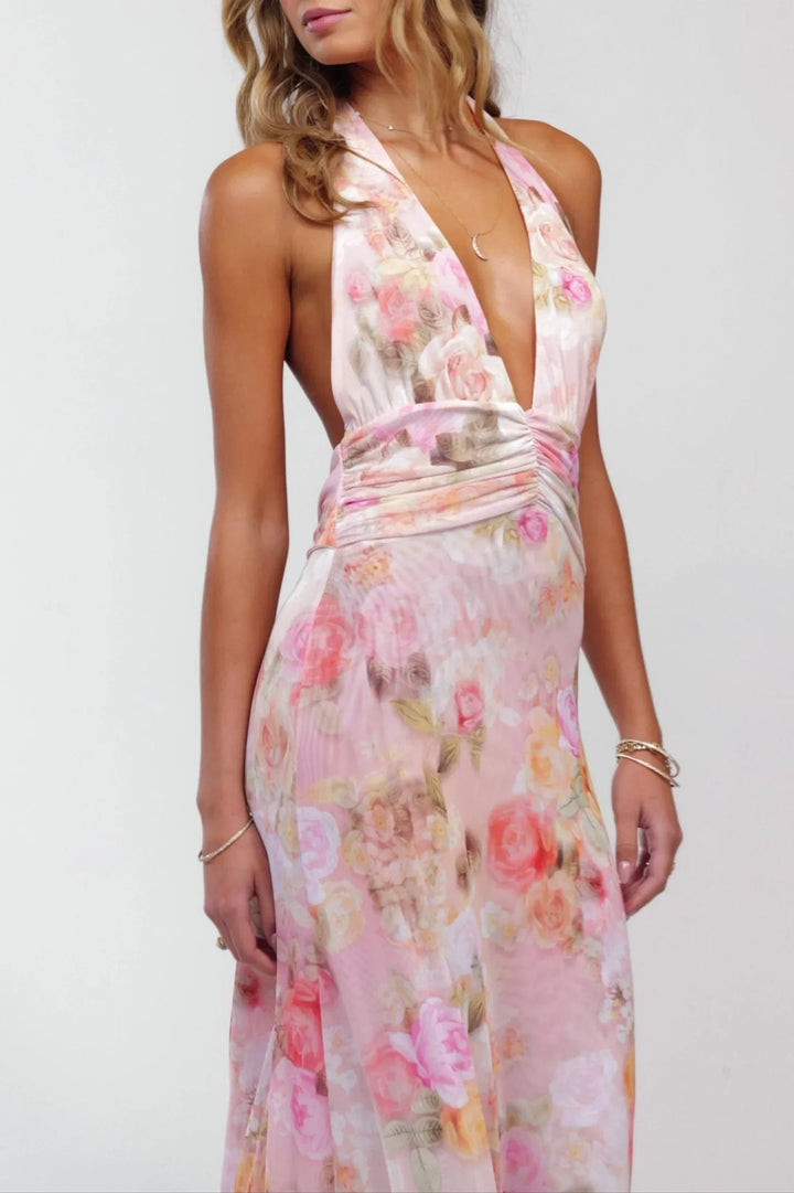 Vestido maxi sin espalda floral rosa para mujer