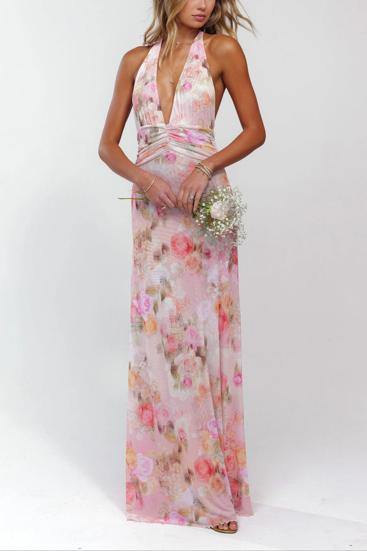 Vestido maxi sin espalda floral rosa para mujer