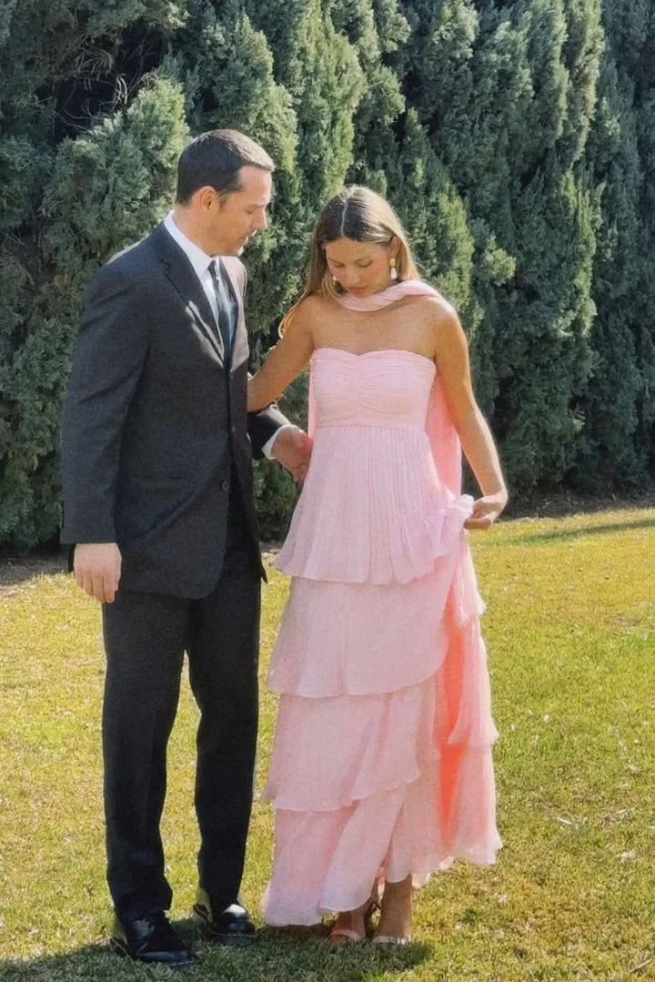 Vestido Maxi rosa sin tirantes con volantes para mujeres