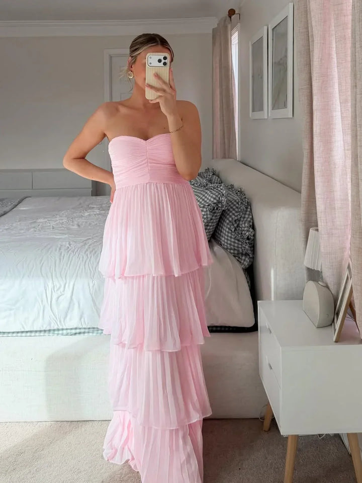 Vestido Maxi rosa sin tirantes con volantes para mujeres