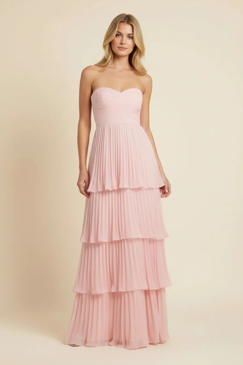Vestido Maxi rosa sin tirantes con volantes para mujeres