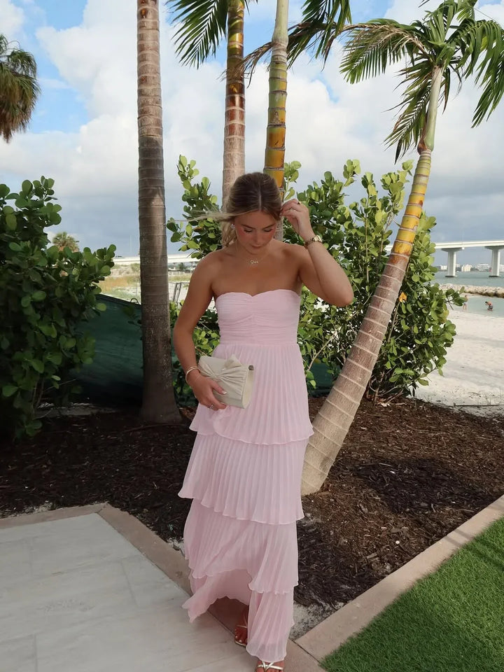 Vestido Maxi rosa sin tirantes con volantes para mujeres
