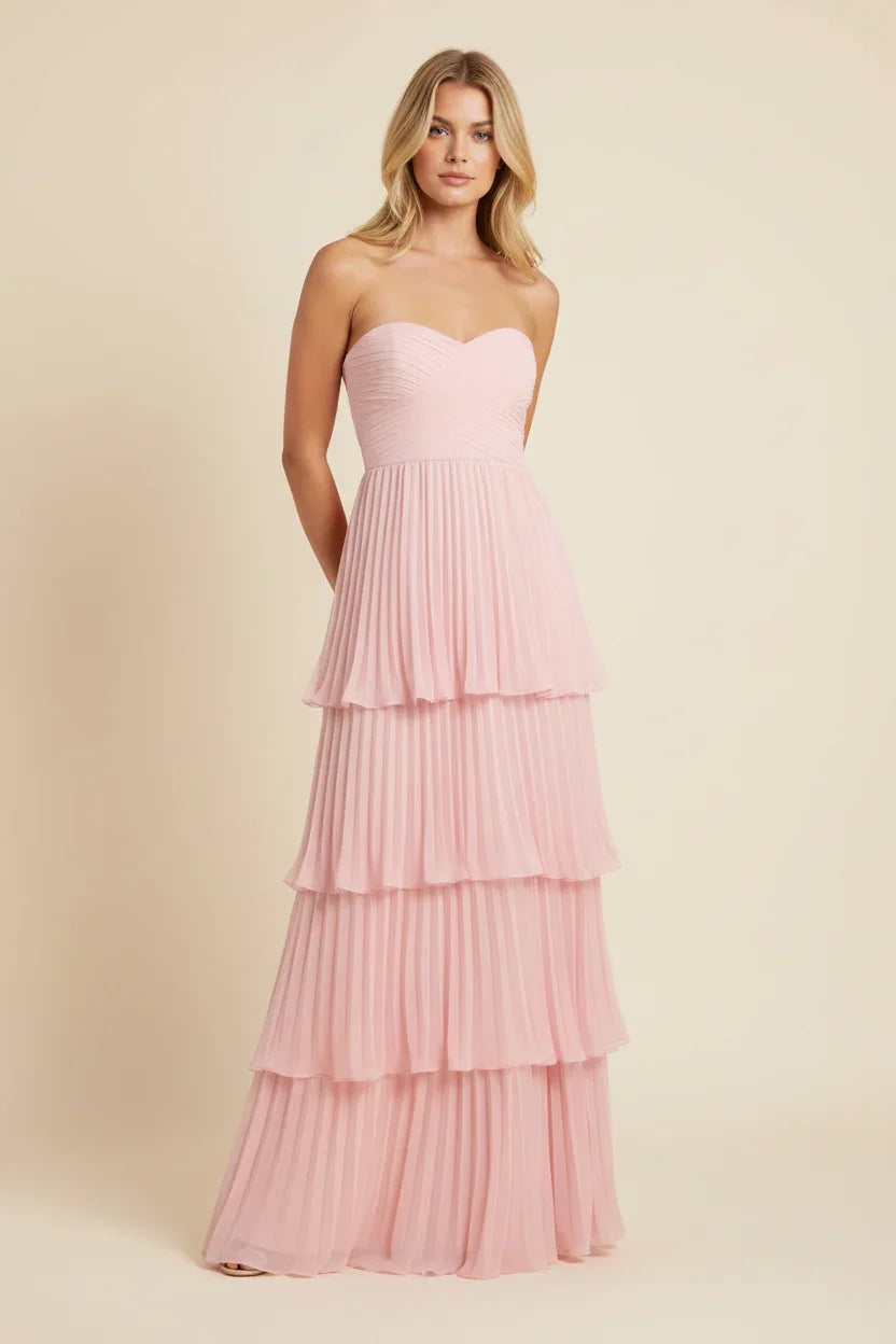 Vestido Maxi rosa sin tirantes con volantes para mujeres