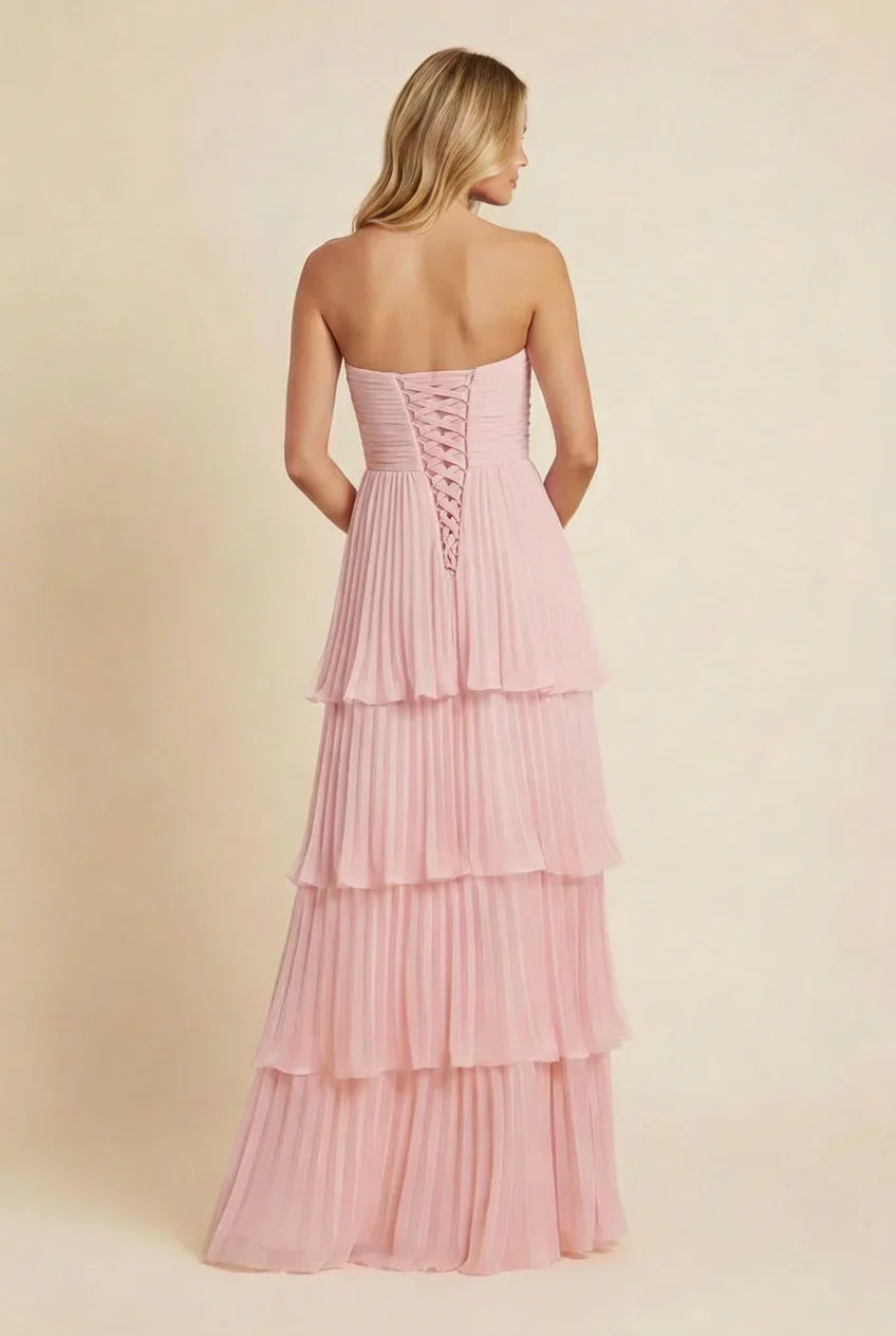 Vestido Maxi rosa sin tirantes con volantes para mujeres